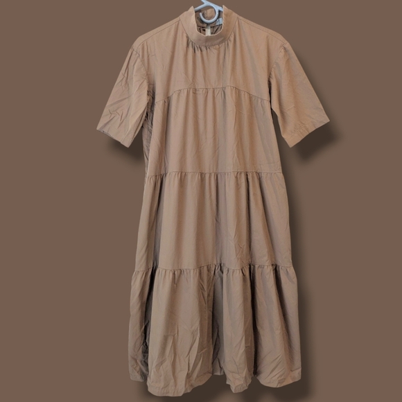 Everlane Brown Poplin Cotton Mock Neck Short Sleeve Tiered Midi Dress Prairie - Picture 1 of 9